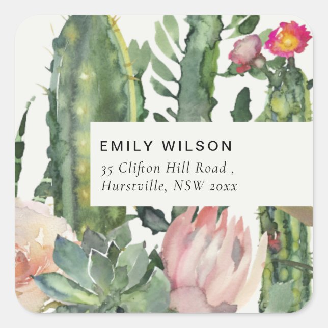 BOHO PINK FLORAL DESERT CACTI FOLIAGE ADRESSE QUADRATISCHER AUFKLEBER (Vorderseite)