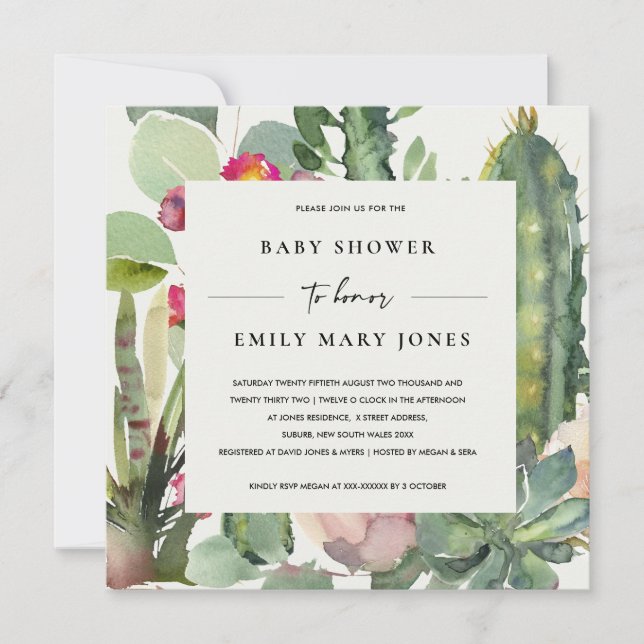 BOHO PINK FLORAL DESERT CACTI FOLIAGE BABY DUSCHE EINLADUNG (Vorderseite)