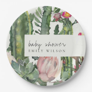 BOHO PINK FLORAL DESERT CACTI FOLIAGE BABY DUSCHE PAPPTELLER