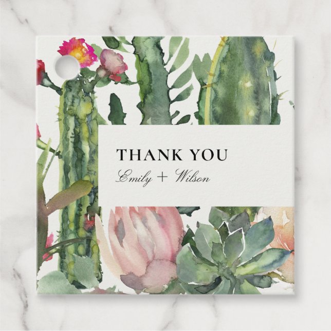 BOHO PINK FLORAL DESERT CACTI FOLIAGE DANKE GESCHENKANHÄNGER (Vorderseite)
