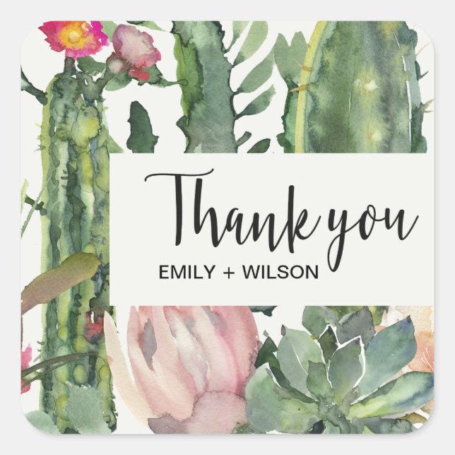 BOHO PINK FLORAL DESERT CACTI FOLIAGE DANKE QUADRATISCHER AUFKLEBER (Vorderseite)