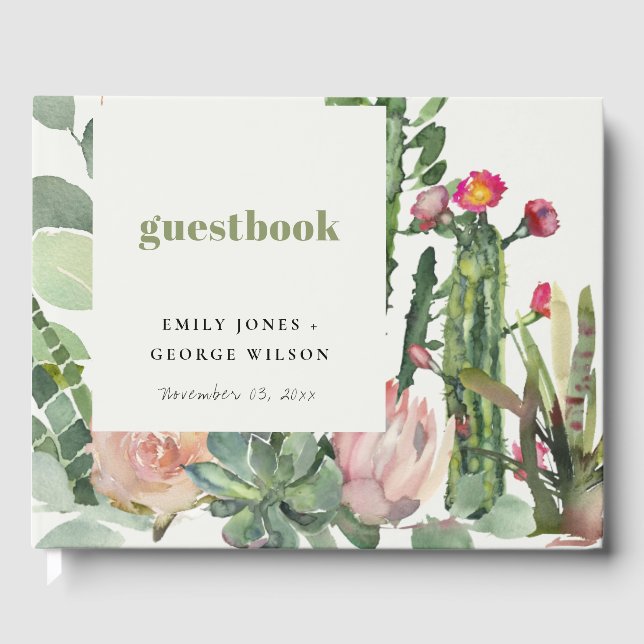 BOHO PINK FLORAL DESERT CACTI FOLIAGE WATERCOLOR GÄSTEBUCH (Vorderseite)