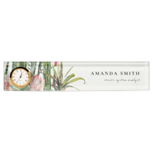 BOHO PINK FLORAL DESERT CACTI FOLIAGE WATERCOLOR NAMENSPLAKETTE