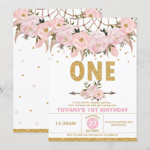 Boho Pink Floral Dream Catcher 1. Geburtstagsmädch Einladung