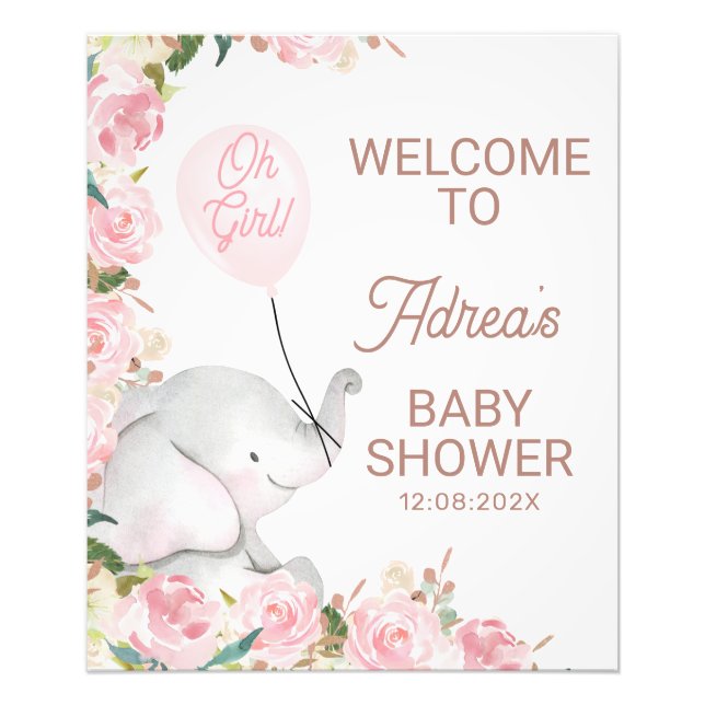 Boho Pink Floral Elephant Balloon Baby Duschzeiche Fotodruck (Vorne)