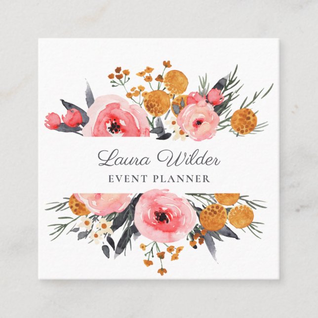 Boho Pink Floral Event Plane Business Card Quadratische Visitenkarte (Vorderseite)