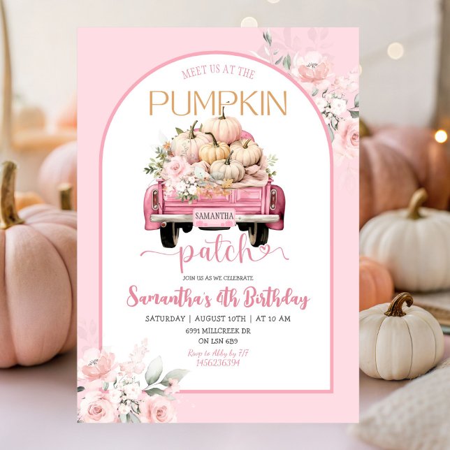 Boho Pink Floral Fall Thema Pumpkin Patch Geburtst Einladung (Von Creator hochgeladen)