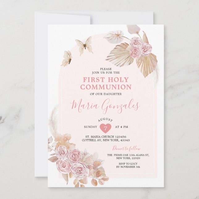 Boho Pink Floral Girl Erste Heilige Kommune Einladung (Vorderseite)
