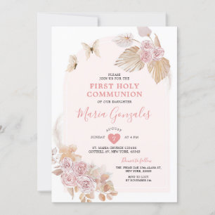 Boho Pink Floral Girl Erste Heilige Kommune Einladung