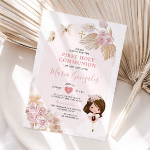 Boho Pink Floral Girl Erste Heilige Kommune Einladung