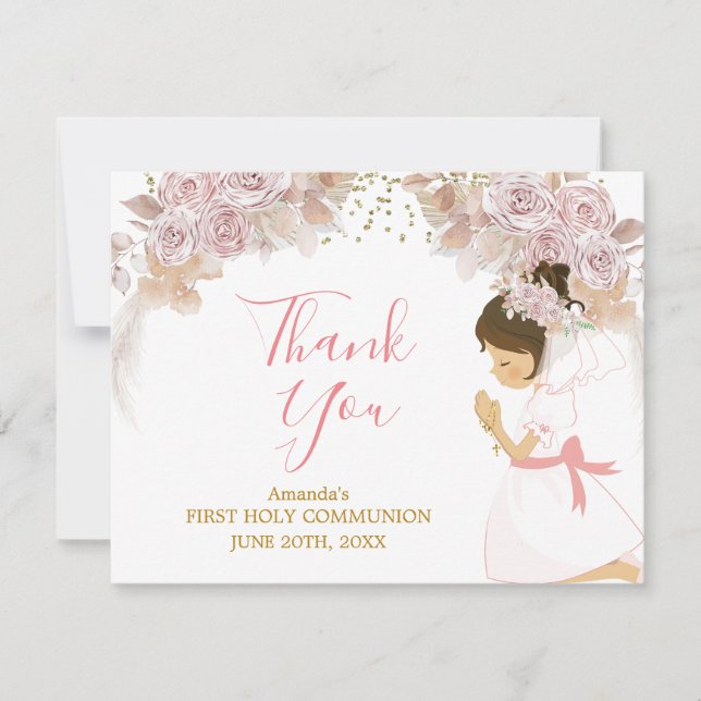 Boho Pink Floral Girl FIRST Heilige Kommune Kreuz Dankeskarte (Vorderseite)