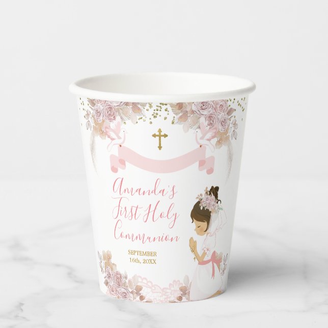 Boho Pink Floral Girl FIRST Heilige Kommune Kreuz Pappbecher (Vorderseite)