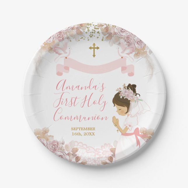 Boho Pink Floral Girl FIRST Heilige Kommune Kreuz Pappteller (Vorderseite)