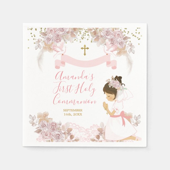 Boho Pink Floral Girl FIRST Heilige Kommune Serviette (Vorderseite)