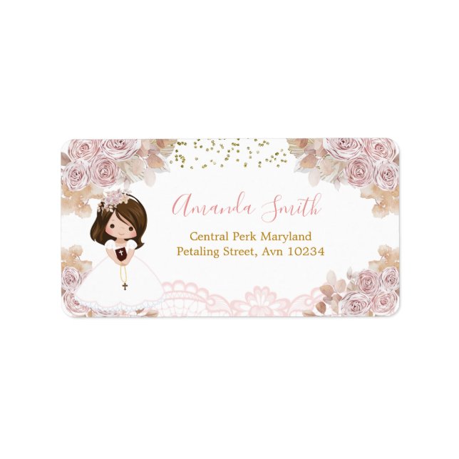 Boho Pink Floral Girl First Holy Kommune Adresse Adressaufkleber (Vorne)