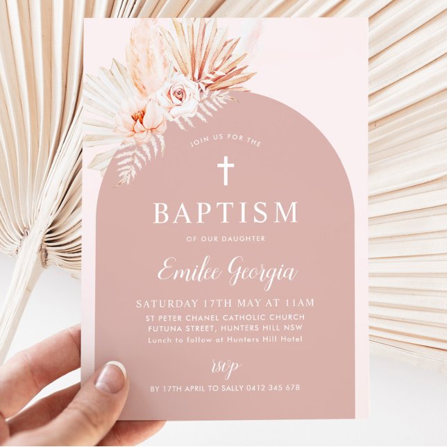 Boho Pink Floral Girls Taufe Christening Einladung (Pink Floral Baptism Invitation)