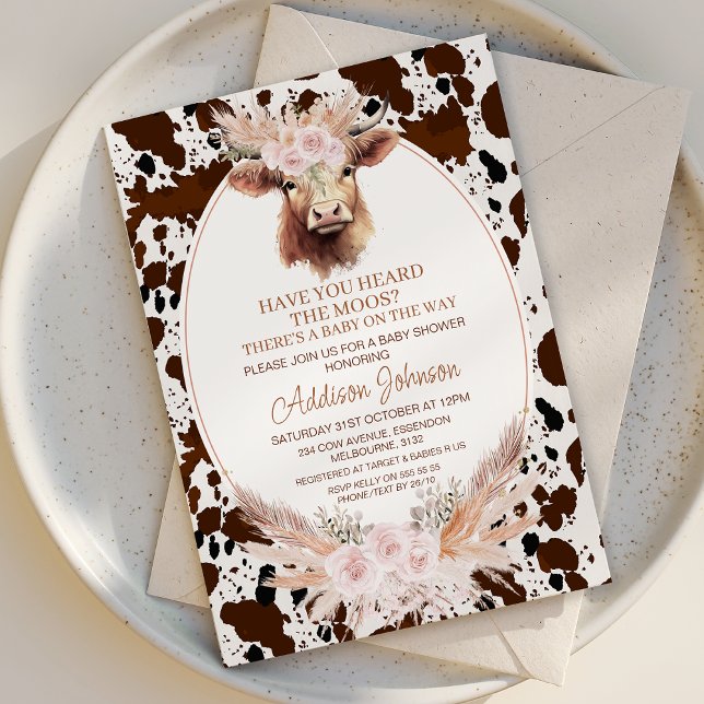 Boho Pink Floral Highland Kuh Cowhide Babydusche Einladung (Holy Cow baby Shower Invitation Template, Boho Pink Floral Holy Cow Baby Shower Invitation, Highland)