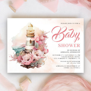 Boho Pink Floral Leuchtturm Nautical Baby Shower Einladung