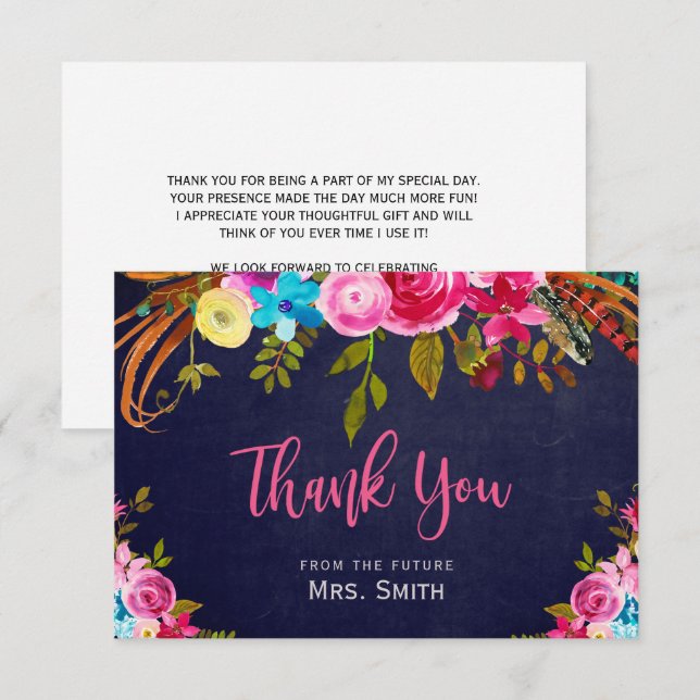 Boho Pink Floral Navy Brautparty Danke Karte (Vorne/Hinten)