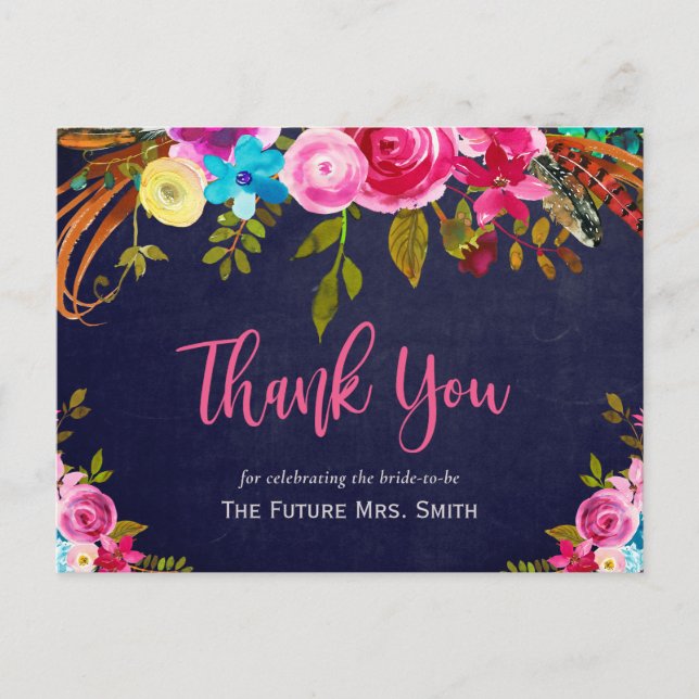 Boho Pink Floral Navy Brautparty Vielen Dank Postkarte (Vorderseite)