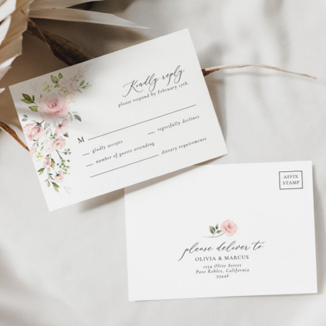 Boho Pink Floral Olive Elegante Wedding RSVP Card (RSVP Card Front/Back)
