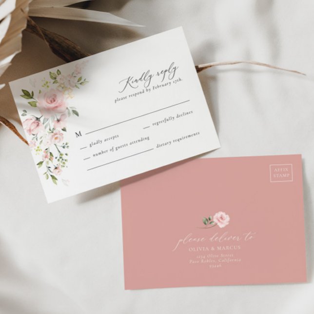 Boho Pink Floral Olive Elegante Wedding RSVP Card Karte (RSVP Card Front/Back)