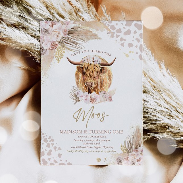 Boho Pink Floral Pampas Grass Highland Cow Party Einladung (Von Creator hochgeladen)