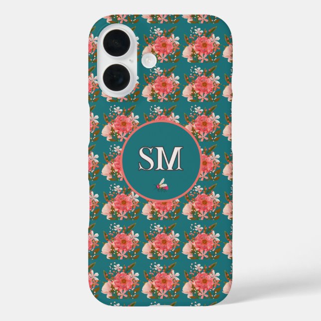 Boho Pink Floral Personalize Monogram iPhone 16 Hülle (Rückseite)