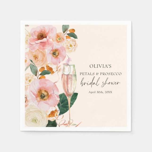 Boho Pink Floral Petals & Prosecco Bridal Dusche Serviette (Vorderseite)
