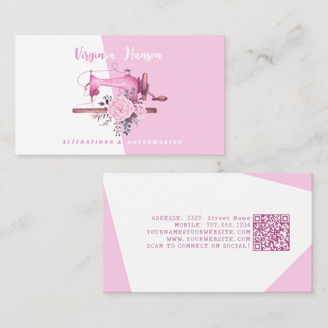 Boho Pink Floral Seamstress Nähmaschine Schneider Visitenkarte (Vorne/Hinten)