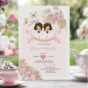 Boho Pink Floral Twin Girl Erste Heilige Kommune Einladung