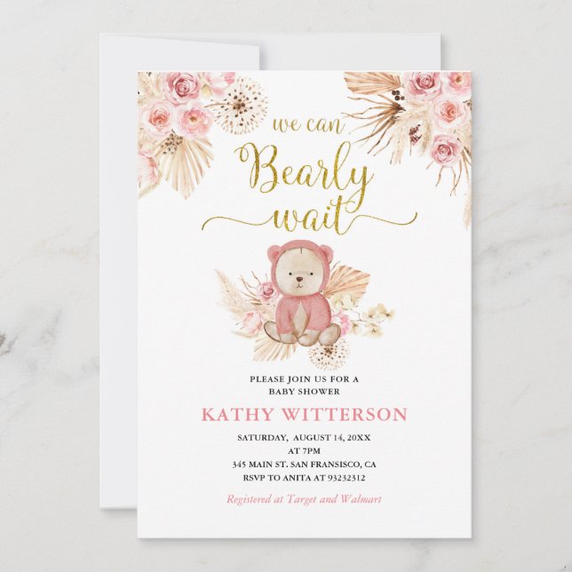 Boho Pink Floral Wir können frühes Abwarten Baby D Einladung (Vorderseite)