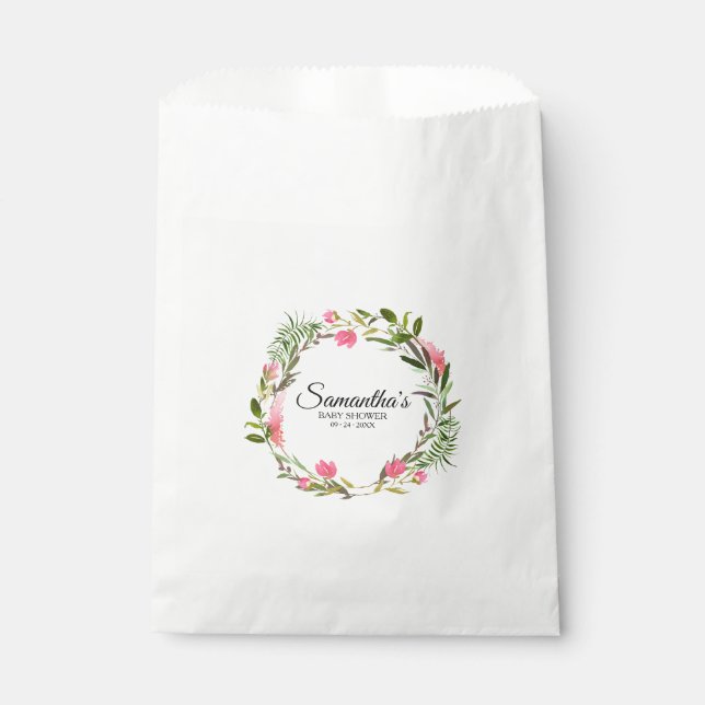 Boho Pink Floral Wreath Baby Dusche Geschenktütchen (Vorderseite)