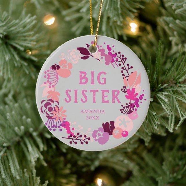 Boho Pink Floral Wreath Personalisiert Big Sister Keramik Ornament (Baum)