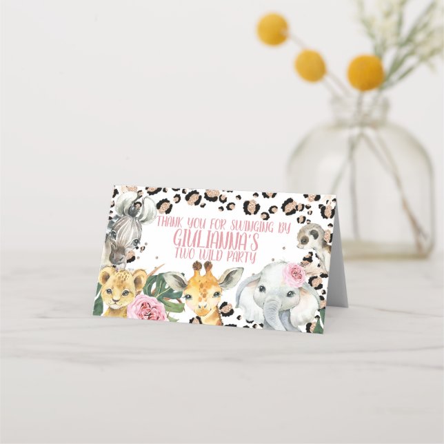 Boho Pink Floral Zwei Wildsafari Leckerei Beutel T Platzkarte (Vorderseite)