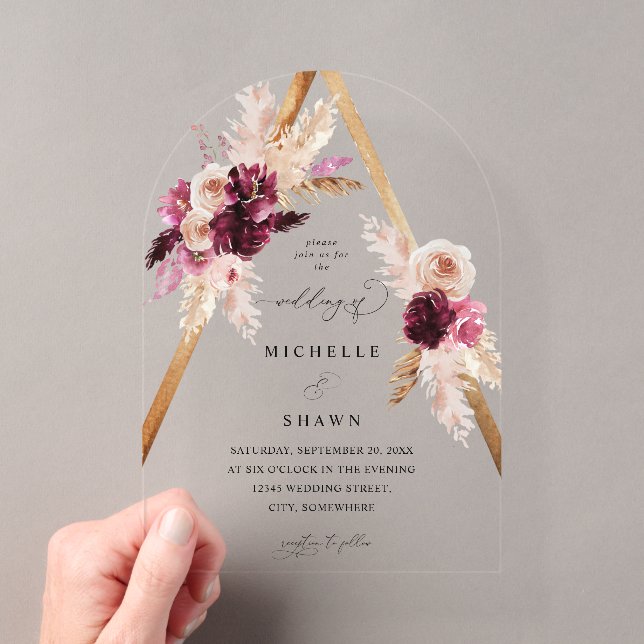 Boho Pink Frame Pampas Grass Floral Wedding Arch Acryleinladungen (Insitu (Handheld))