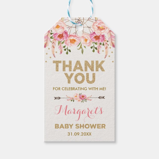 Boho Pink Gold Blume Baby Girl Duwer Favoriten Geschenkanhänger (Vorderseite)