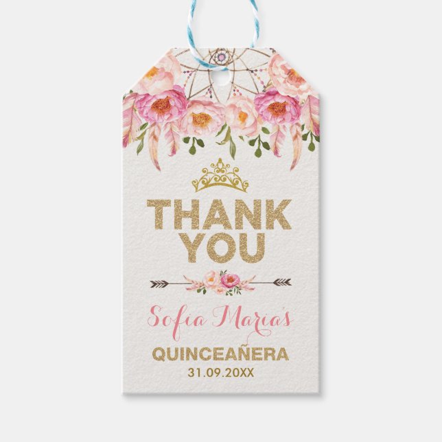 Boho Pink Gold Blume Quinceanera Favoriten Geschenkanhänger (Vorderseite)