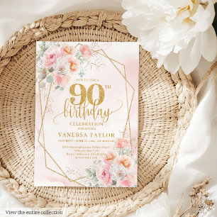 Boho Pink Gold Floral 90e anniversaire Invitations
