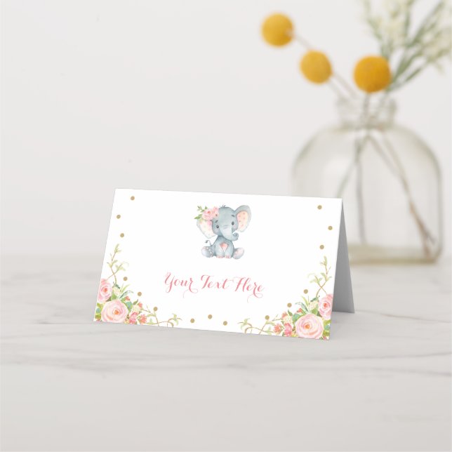 Boho Pink Gold Floral Elephant Baby Dusche Dekorat Platzkarte (Vorderseite)