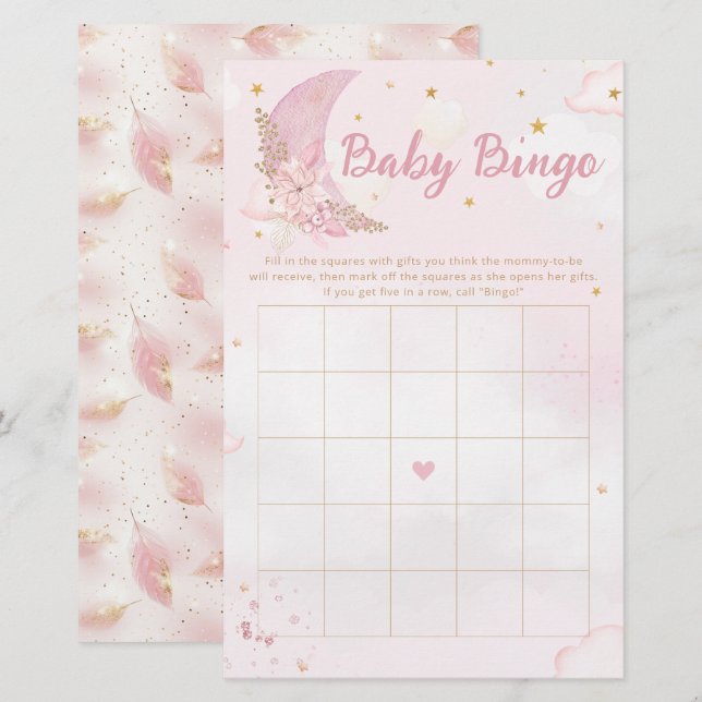Boho Pink & Gold Moon Baby Dusche Bingo Spiel (Vorne/Hinten)