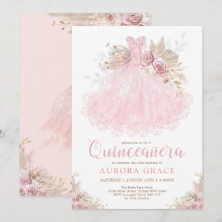 Boho Pink Gold Quinceañera Princess Dress Birthday Einladung