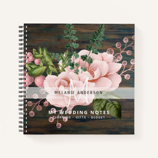 Boho Pink Gold Rose Blume Hochzeitsplanung Notizbuch (Vorderseite)