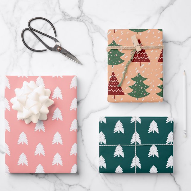 Boho Pink Green Red White Christmas Trees Urlaub Geschenkpapier Set (Vorderseite)