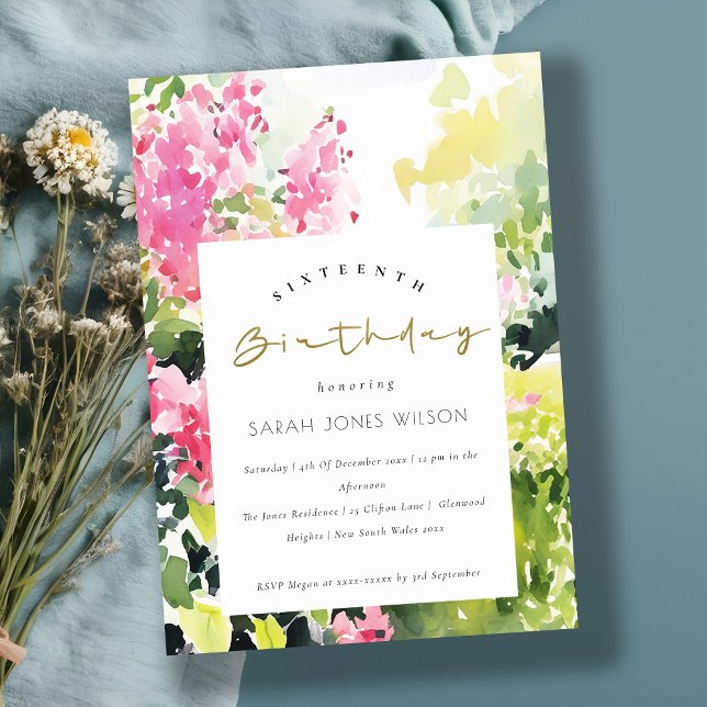 Boho Pink Green Tropical Bougainvillea Geburtstag Einladung (Von Creator hochgeladen)