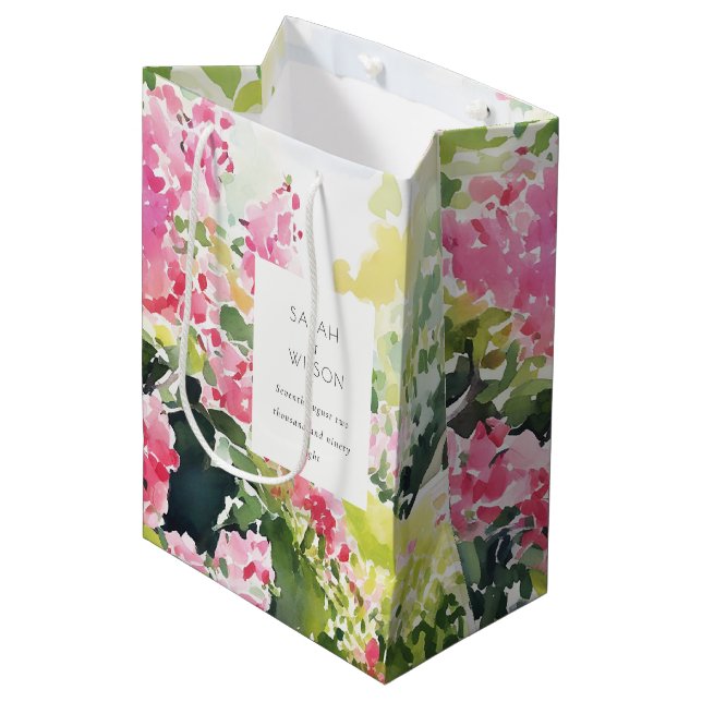 Boho Pink Green Tropical Bougainvillea Wedding Mittlere Geschenktüte (Vorderseite Schrägansicht)