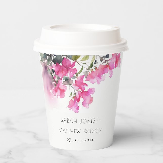 Boho Pink Green Tropical Bougainvillea Wedding Pappbecher (Vorderseite)