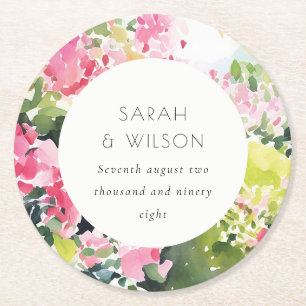 Boho Pink Green Tropical Bougainvillea Wedding Runder Pappuntersetzer