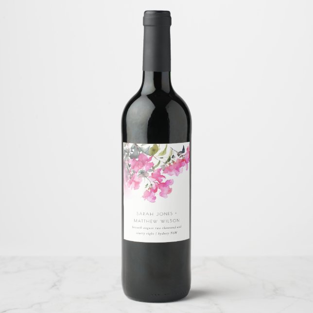 Boho Pink Green Tropical Bougainvillea Wedding Weinetikett (Vorderseite)