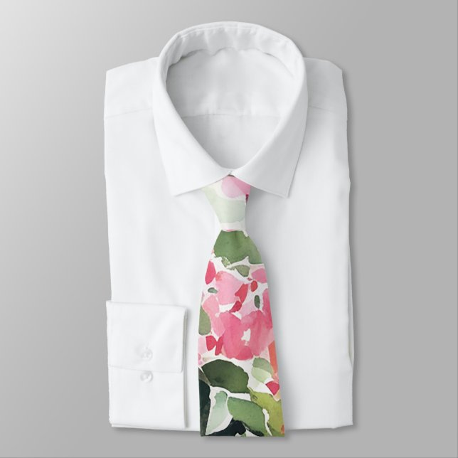 Boho Pink Green Tropical Watercolor Bougainvillea Krawatte (Gebunden)